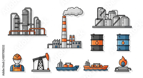 Industrial icons set for oil and gas industry and energy production.