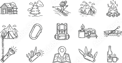Outdoor adventure and camping line icons set, hiking, mountain, tent, nature, travel, ski, campfire, and equipment vector illustration