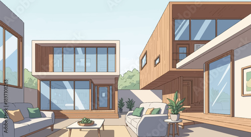 Modern homes with patio seating and sunlit courtyard