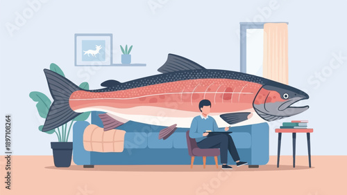 Man on chair with large fish on sofa in room