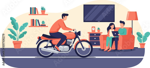 Man on motorcycle indoors, couple relaxing on sofa with laptop