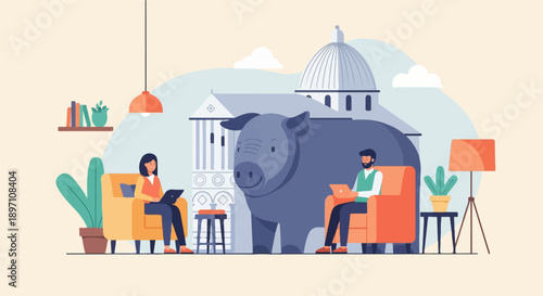 Modern illustration of people working remotely with a large pig and building