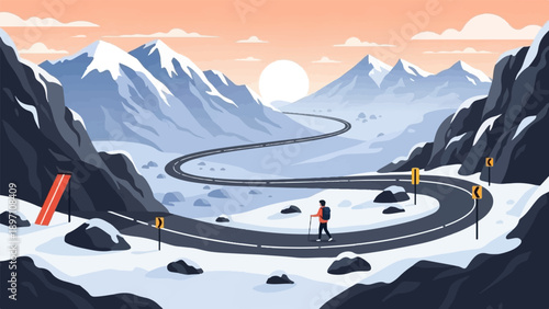 Lone hiker on a winding road through snowy mountains at sunset