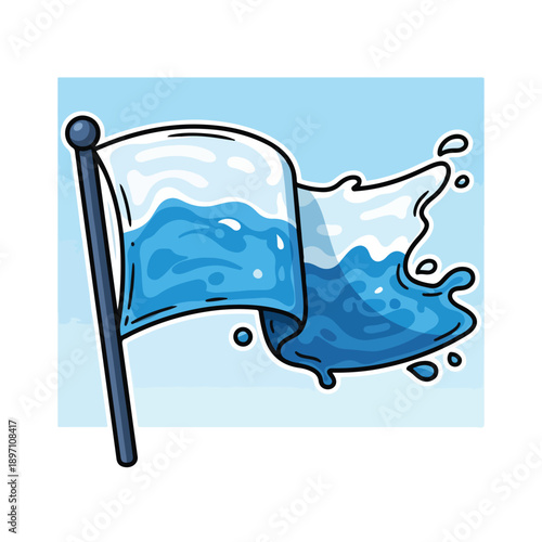 Torn Wet Blue Flag on Pole.