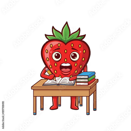 Cartoon strawberry character looking stressed while studying hard at a wooden desk with many books and writing notes on transparent background
