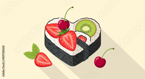 Heart-shaped sushi with fresh strawberries, kiwi, and cherries
