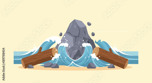 Logs and waves crash against a rocky shore under a pale sky