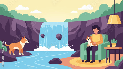 Man relaxes indoors with dog, watching a waterfall scene