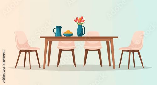 Minimalist dining set with pink chairs, wooden table, and floral centerpiece