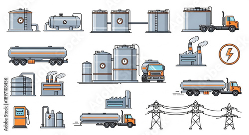 Industrial oil and gas storage tanks and transport vehicles illustration.
