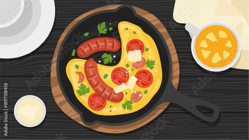 Hearty breakfast served in a cast iron skillet with sausages and tomatoes