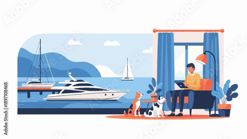 Man relaxes indoors with dogs, overlooking a serene seascape with luxury yachts