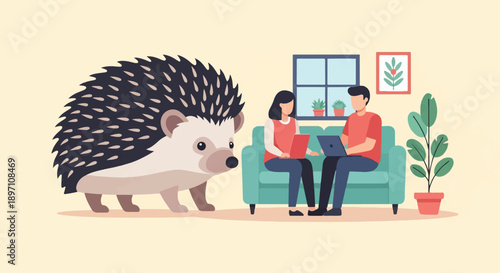 Hedgehog and two people using laptops on a couch in a room