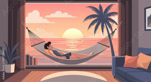 Man relaxing in hammock by ocean sunset, palm tree, books, sofa
