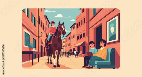 Lively street scene with horse rider and seated people using laptops