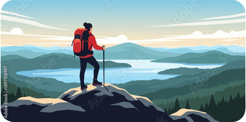 Hiker in red jacket with backpack on a rocky summit gazes at a serene lake and mountains