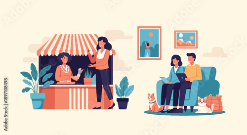 Lively illustration of two distinct scenes a shop interaction and a couple relaxing indoors