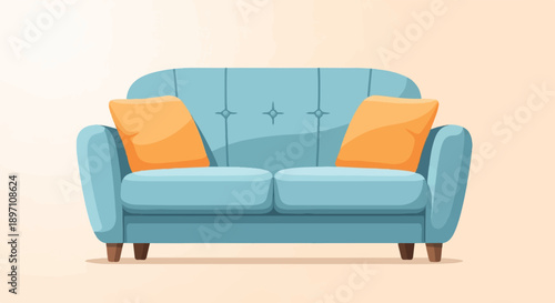 Light blue two-seater sofa with orange throw pillows, flat illustration style