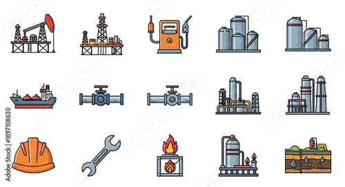 Industrial icons representing oil and gas industry elements.