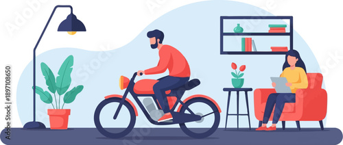 Man rides motorbike indoors while woman reads on armchair