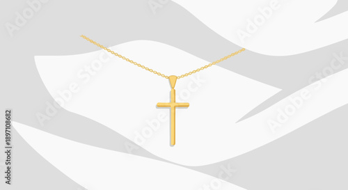 Golden cross necklace suspended from a delicate chain on a soft background