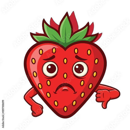 Sad heart-shaped strawberry fruit mascot with big eyes and downturned mouth displaying a thumbs down gesture cartoon vector on transparent background