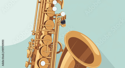 Golden saxophone with intricate keys against a soft blue backdrop