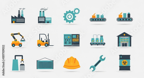 Industrial Icons Set Factory Machinery Tools and Equipment.