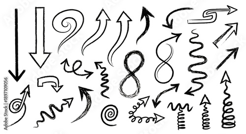 Hand-drawn sketch collection of arrows curls and wavy lines.