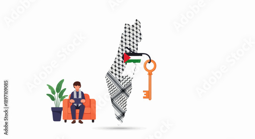 Man sits near Palestinian map adorned with keffiyeh and flag, key nearby