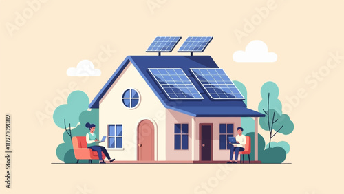 Home with solar panels, people working on laptops outside