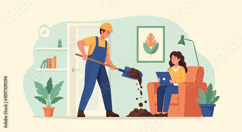 Man shovels dirt indoors while woman uses laptop on couch