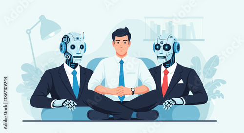 Man sits with robots on couch, office background, teamwork, technology