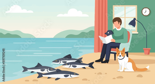 Man sitting in armchair reading with two dogs on a beach with fish