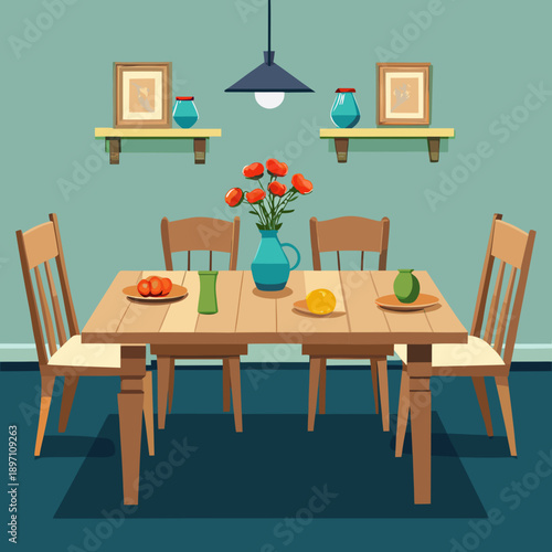 Minimal Dining Room with Wooden Table and Flowers