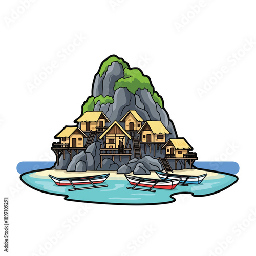 Tropical Island with Houses and Boats.