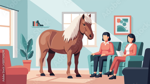 Horse and two women in a living room with furniture and plants