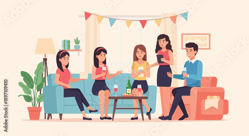 Friends enjoying a cozy indoor gathering with drinks and decorations