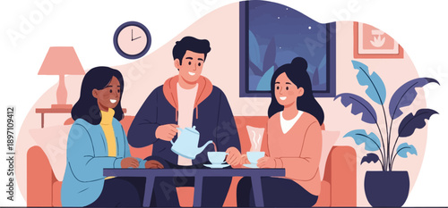 Friends enjoying tea in a cozy living room setting at night