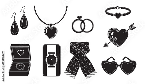 Valentine's Day Gift Icons: Jewelry, Watch, Scarf, Sunglasses Vector Silhouette