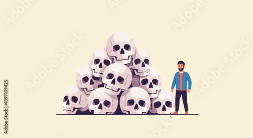 Man standing next to a large pile of skulls