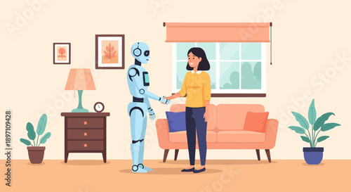 Human and robot shaking hands in a cozy living room setting