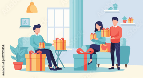 Friends exchange gifts while relaxing indoors on couches, a festive scene