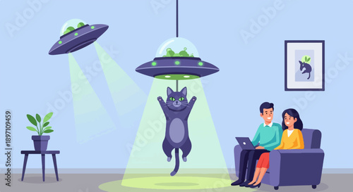 Humans observe cat abduction by aliens while using laptop