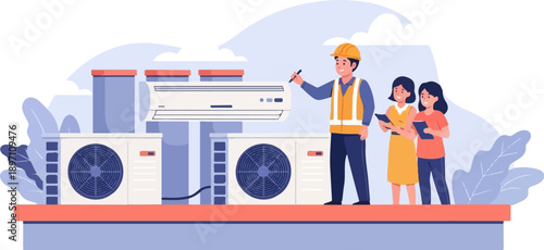 HVAC technician with clients inspects outdoor air conditioning units