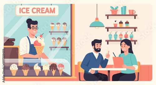 Ice cream vendor serves cone to customer sitting at table with menu