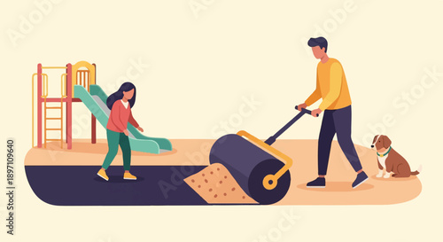 Man with roller flattens path next to playground slide with dog