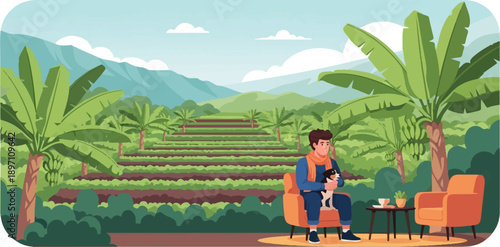 Man with dog on chair at cafe overlooking tropical plantation