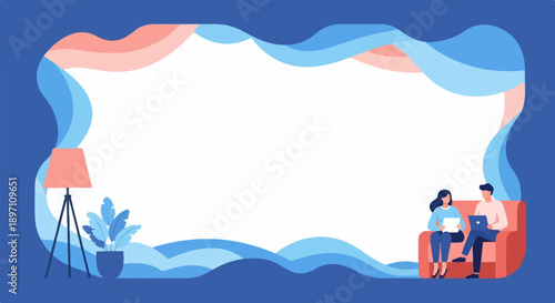 Minimalist illustration of a couple on a couch with a lamp and plant indoors