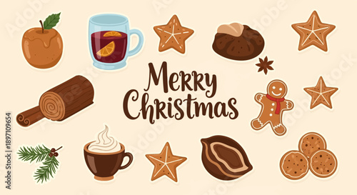 Illustrated holiday treats apple, mulled wine, cookies, gingerbread man